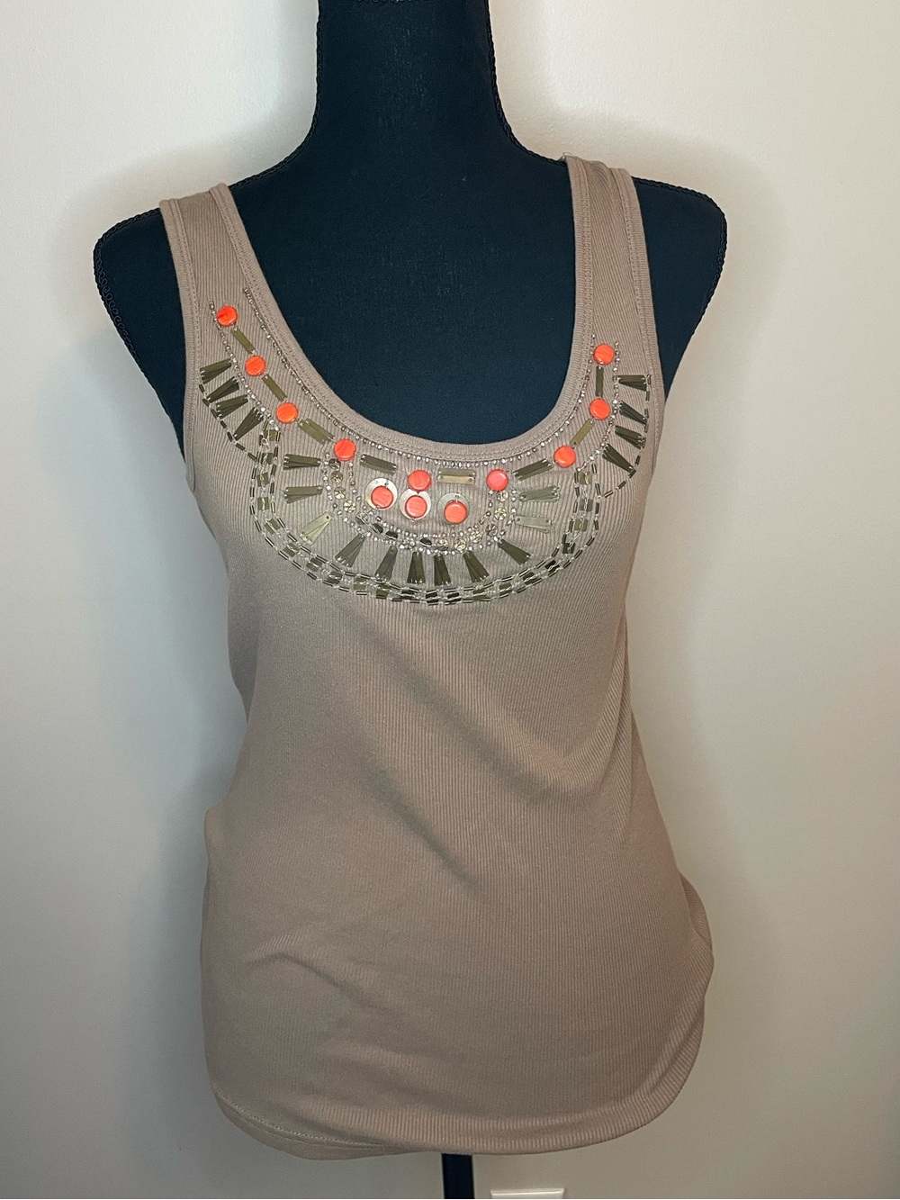 Old Navy Taupe Tank Top with Coral Embellishments
